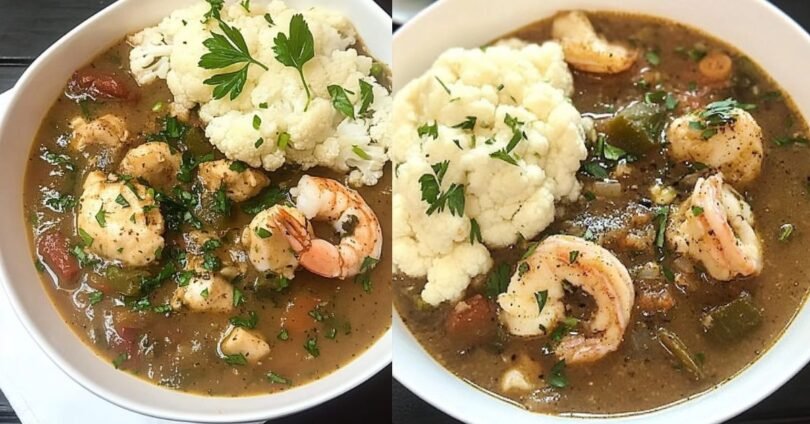 Paleo Louisiana Seafood Gumbo with Riced Cajun Cauliflower Salad